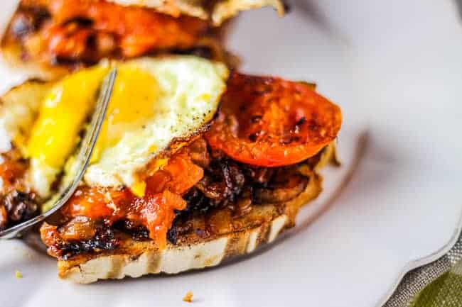 Fried Eggs with Charred Tomatoes and Caramelized Onions