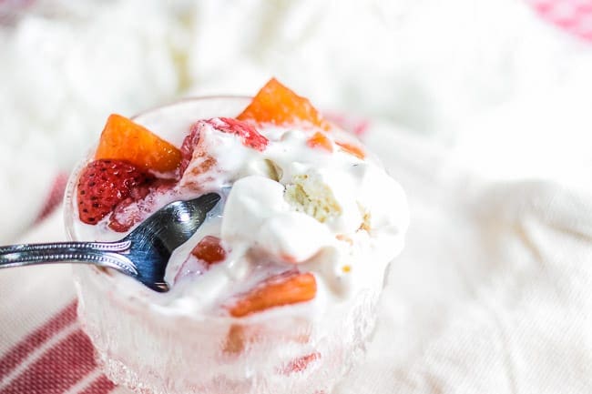 Strawberry Mango Fruit Compote Over Vanilla Ice Cream
