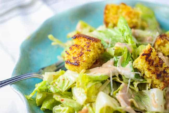 Tangy Caesar Salad with Green Chile and Cheddar Jack Cornbread Croutons