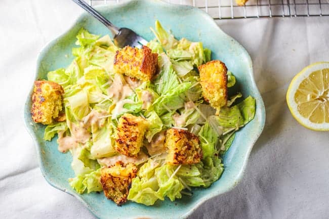 Tangy Caesar Salad with Green Chile and Cheddar Jack Cornbread Croutons