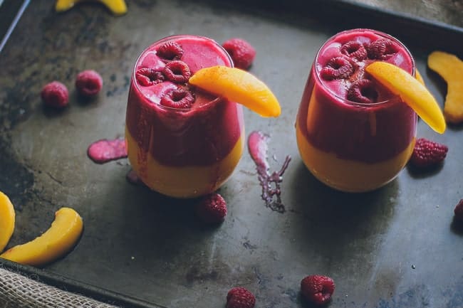 Mango-Peach & Pomegranate-Raspberry Tropical Smoothie