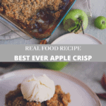 These are two photos of apple crisp. One shows a piece missing and the other is a piece on a plate with ice cream. There are green apples in the background.
